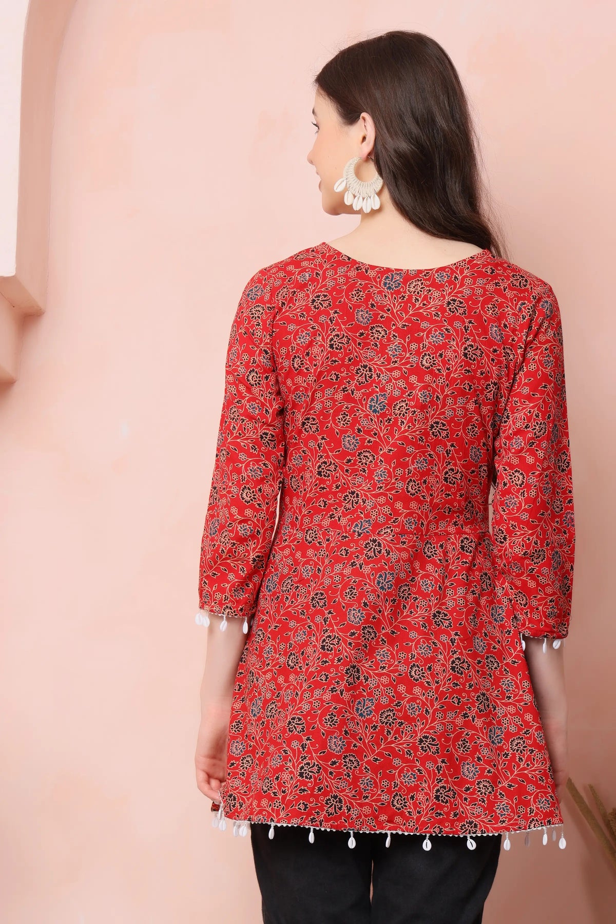 RABRIC red pure cotton floral short kurti for women back view