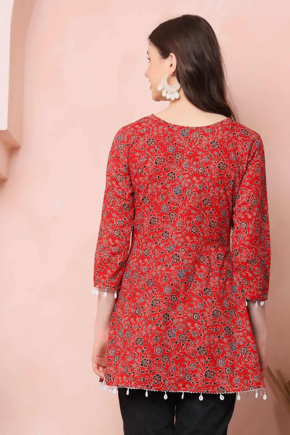 RABRIC red pure cotton floral short kurti for women back view