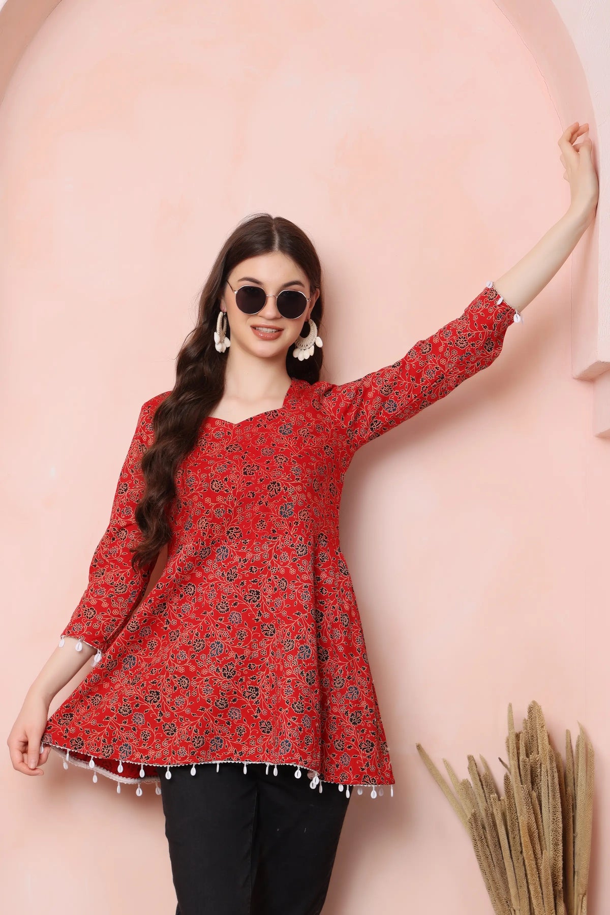 Woman styling RABRIC red pure cotton floral short kurti for casual everyday wear