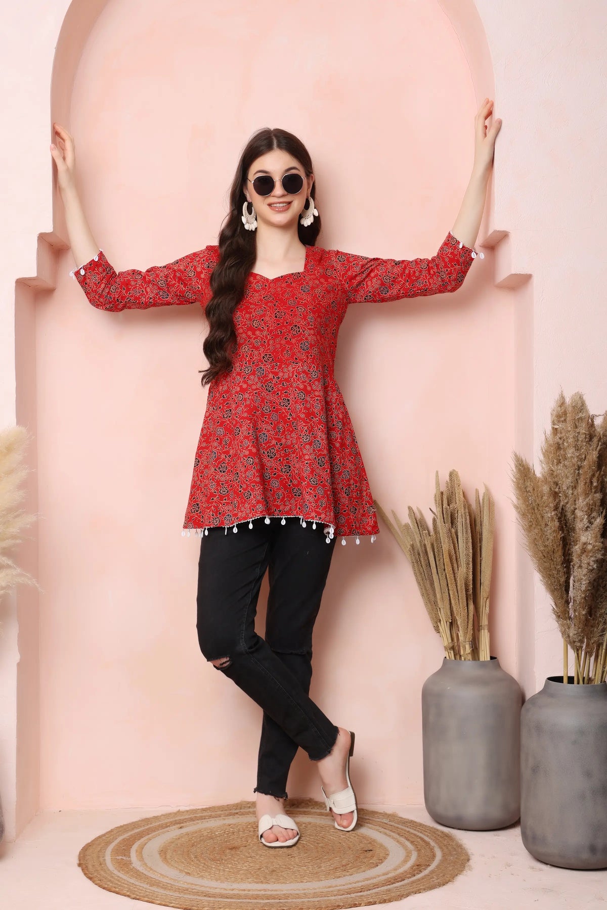 RABRIC red pure cotton floral short kurti for women styled for a casual day out