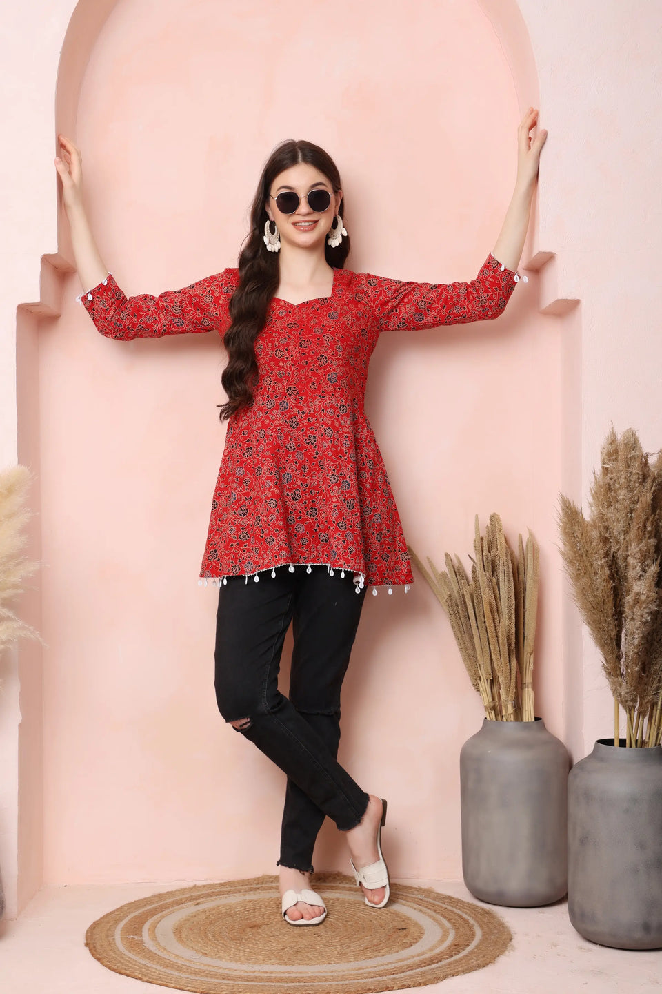 RABRIC red pure cotton floral short kurti for women styled for a casual day out