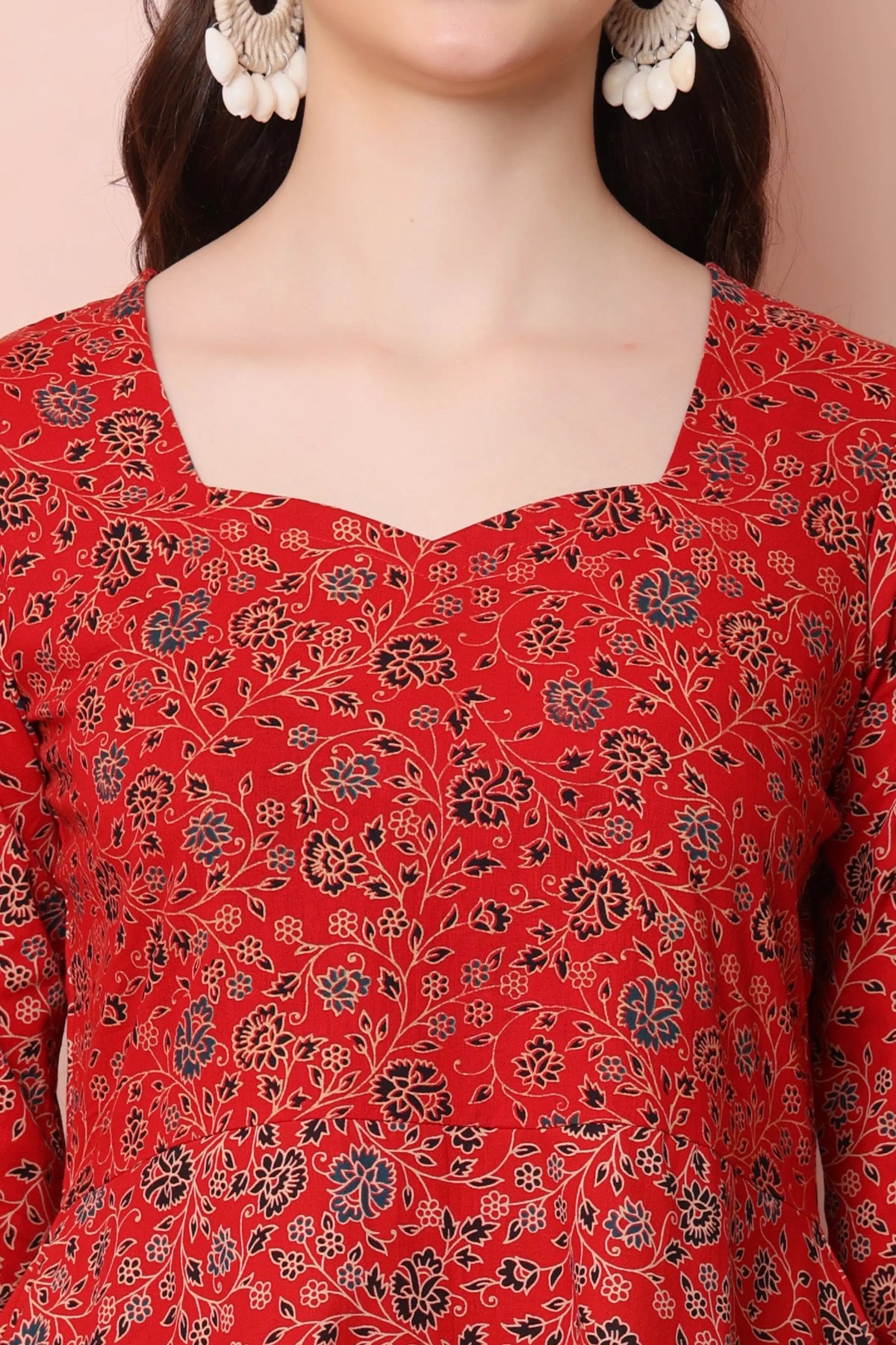 RABRIC red pure cotton floral short kurti soft square neckline close-up
