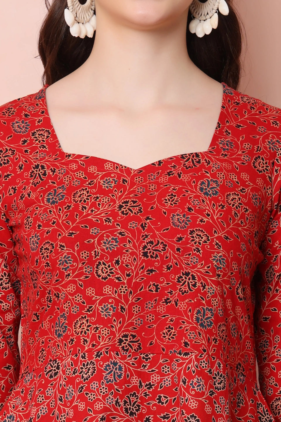 RABRIC red pure cotton floral short kurti soft square neckline close-up