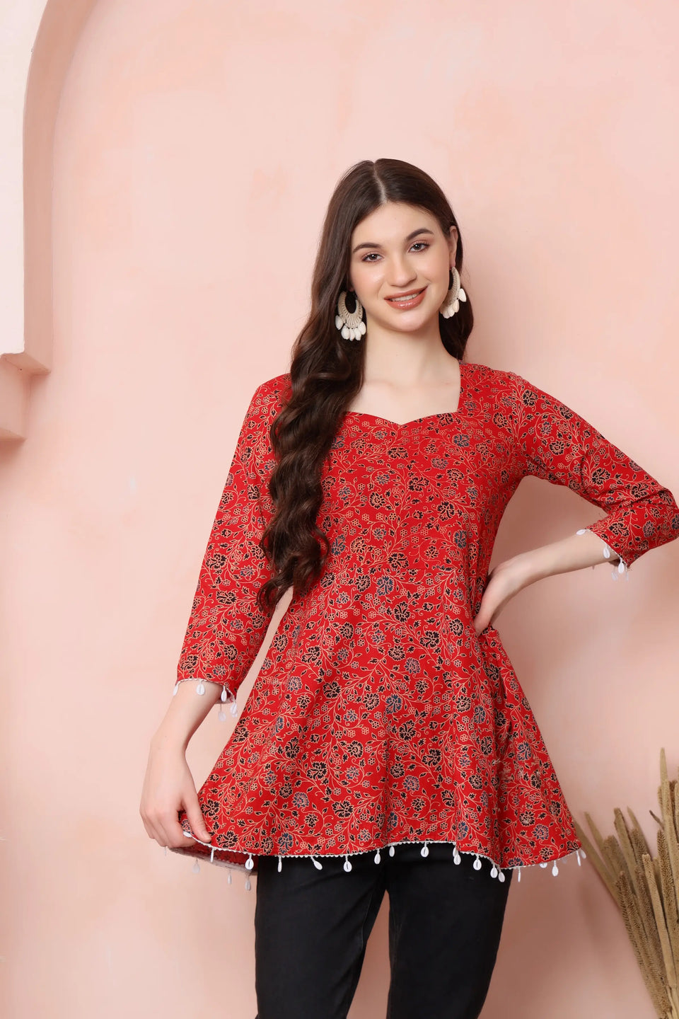 RABRIC red pure cotton short kurti 3/4 sleeve and white shell-style trim close-up