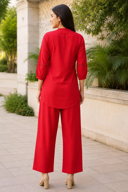 Back view of Rabric red Vertican Silk women's co-ord set showing clean solid red design, 3-4 sleeves and comfortable straight-fit pants.
