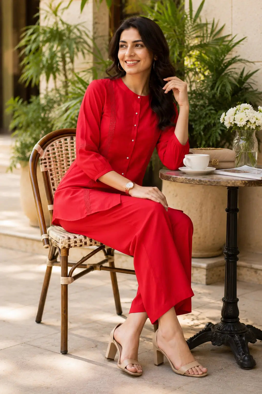 Woman sitting at outdoor cafe wearing Rabric red Vertican Silk co-ord set featuring lace detailing, round neck and wide-leg pants.