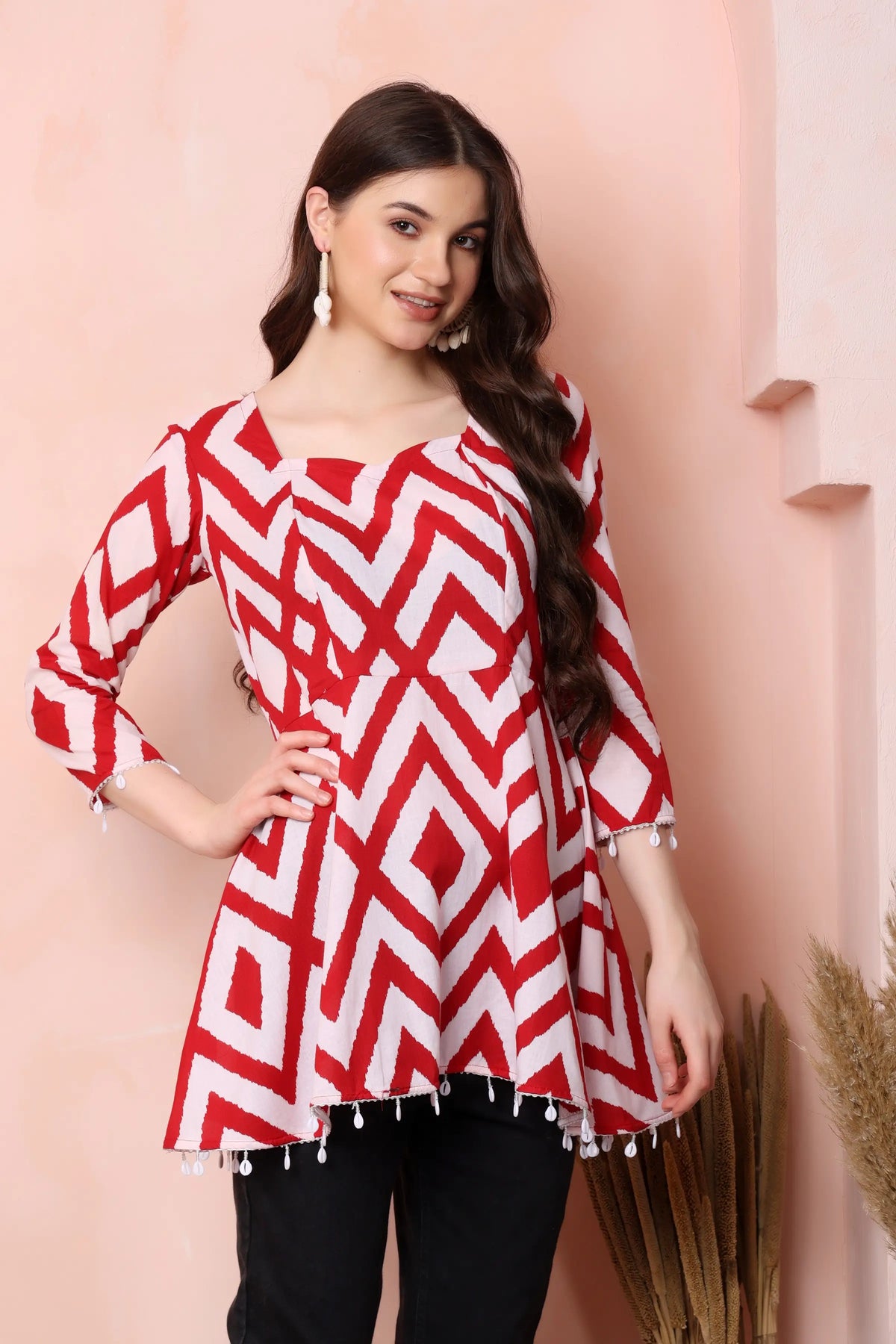 RABRIC red and white pure cotton flared short kurti for women side view with geometric print