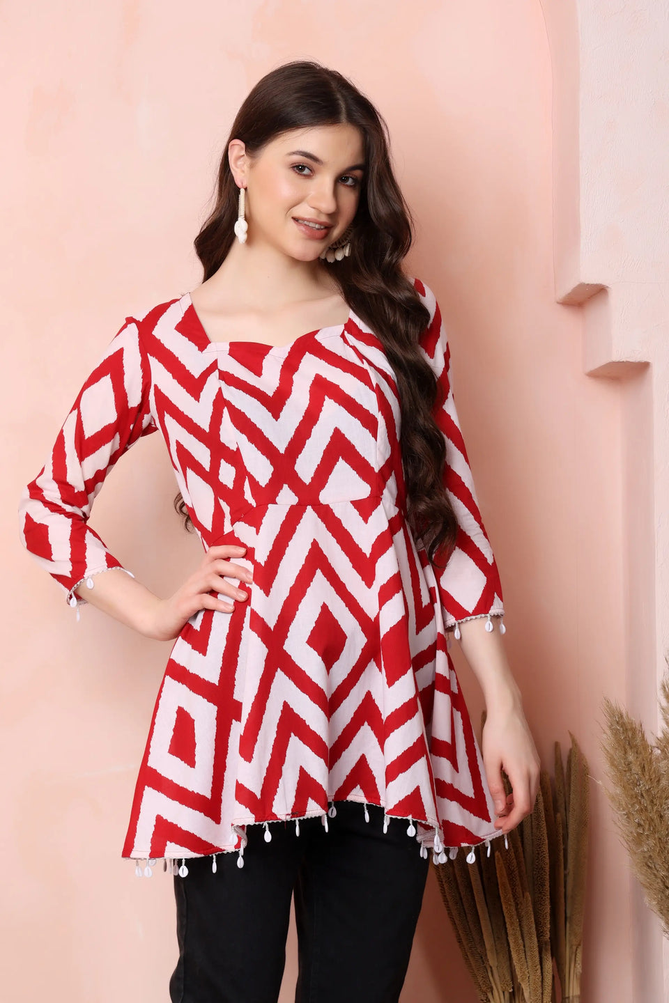 RABRIC red and white pure cotton flared short kurti for women side view with geometric print