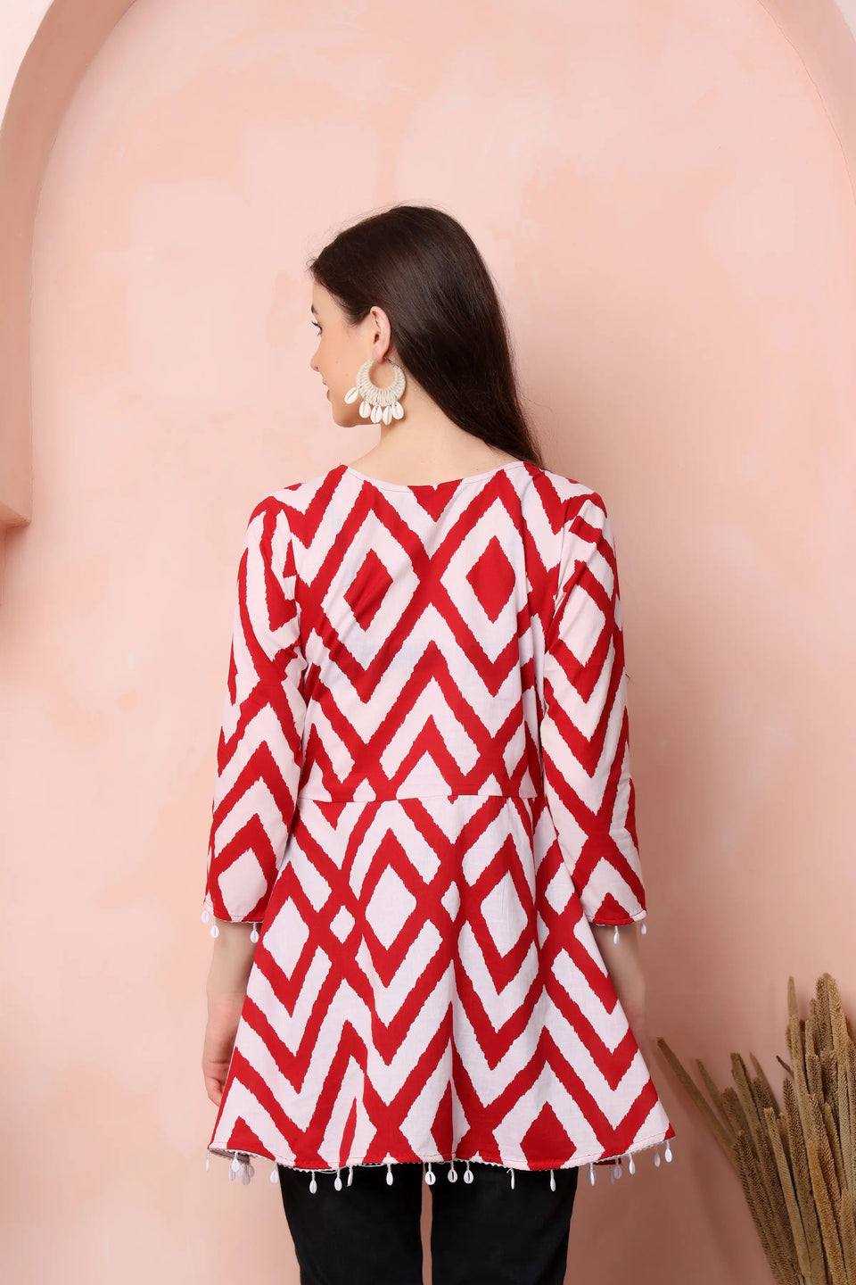 RABRIC red and white pure cotton geometric printed short kurti for women back view