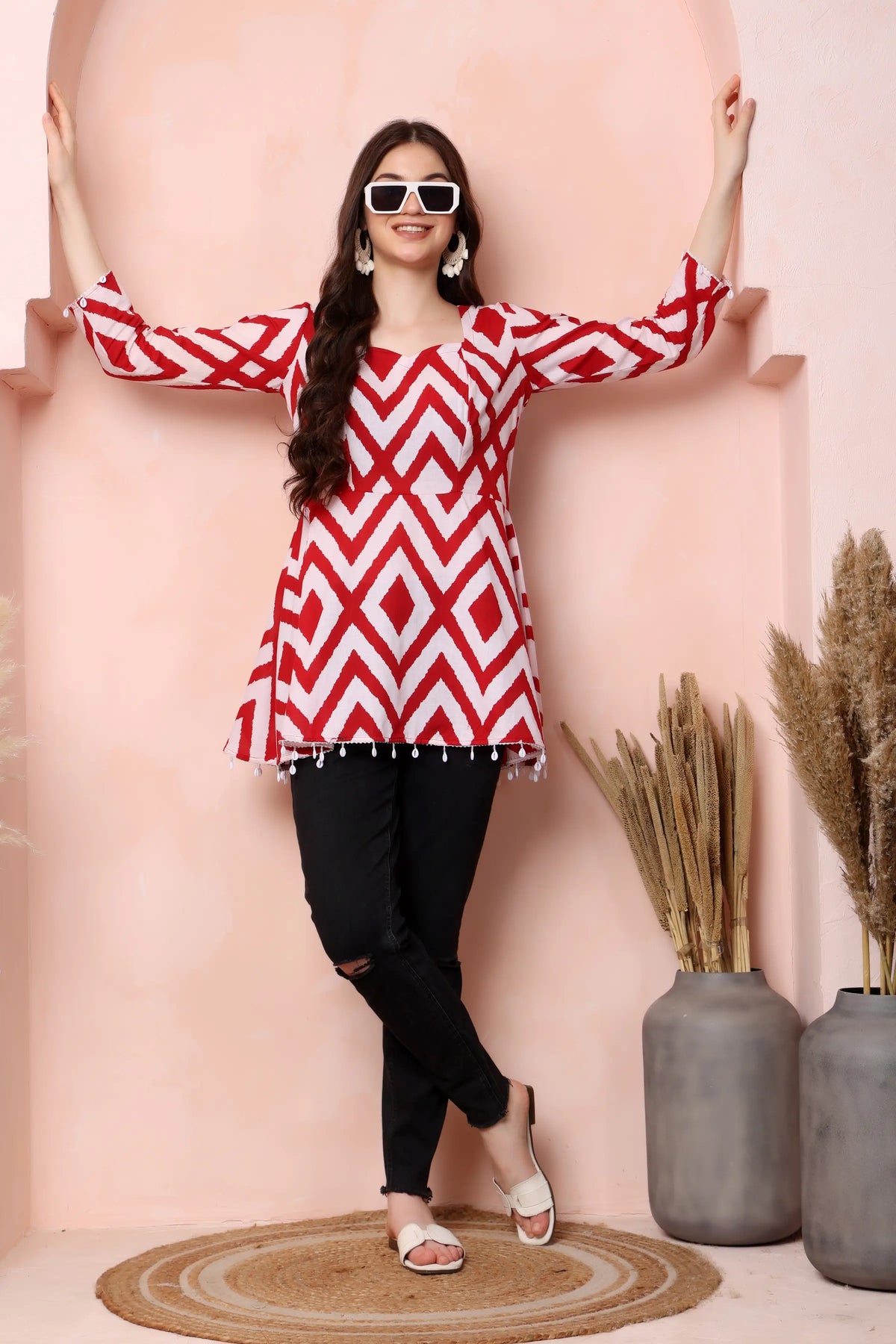 RABRIC red and white pure cotton geometric print short kurti for women front view with square neck and flared fit