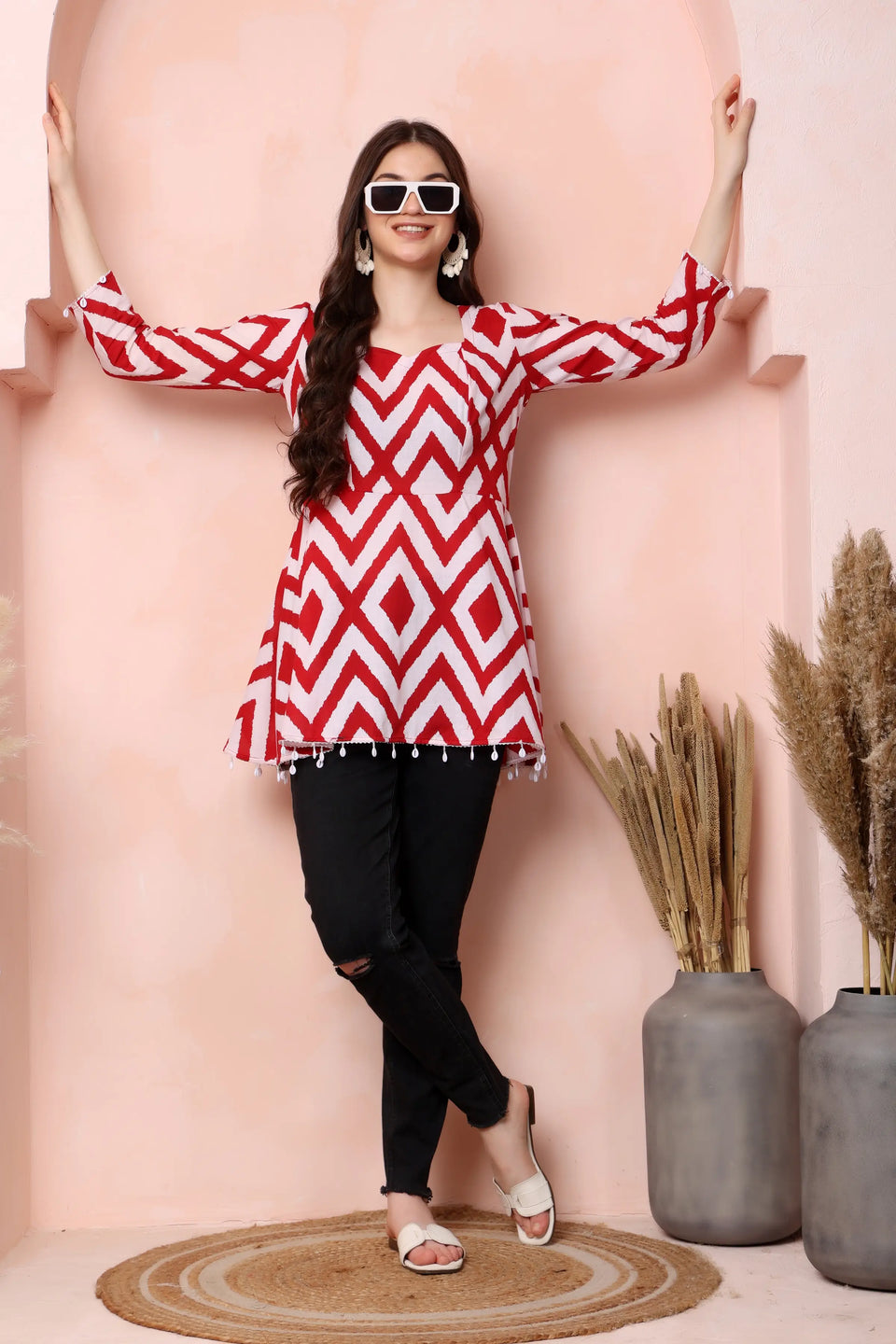 RABRIC red and white pure cotton geometric print short kurti for women front view with square neck and flared fit