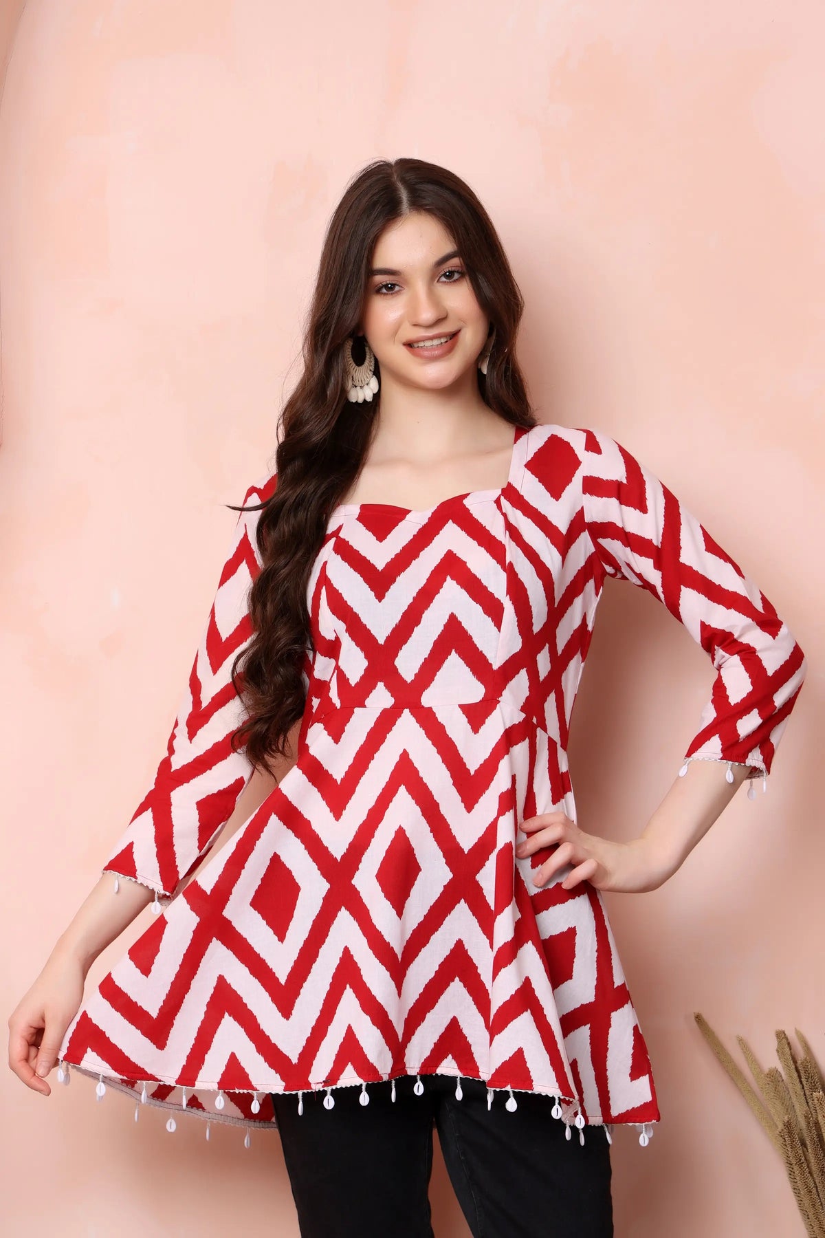 RABRIC red and white pure cotton printed short kurti for women styled with jeans for a modern casual look
