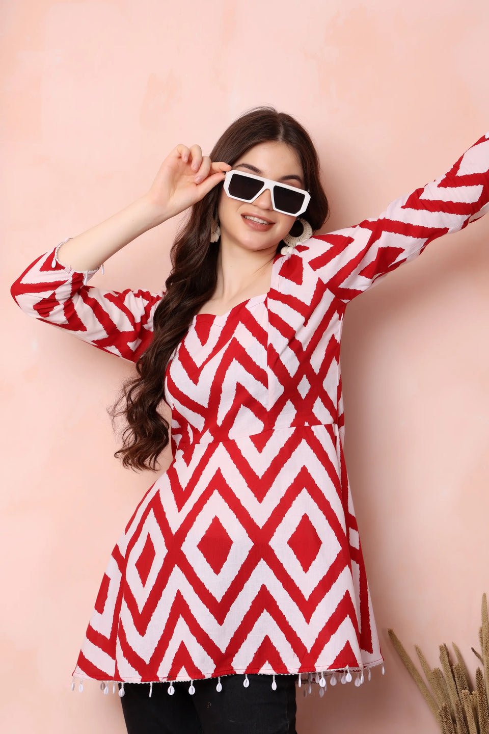 RABRIC red and white pure cotton short kurti for women styled for a casual everyday look