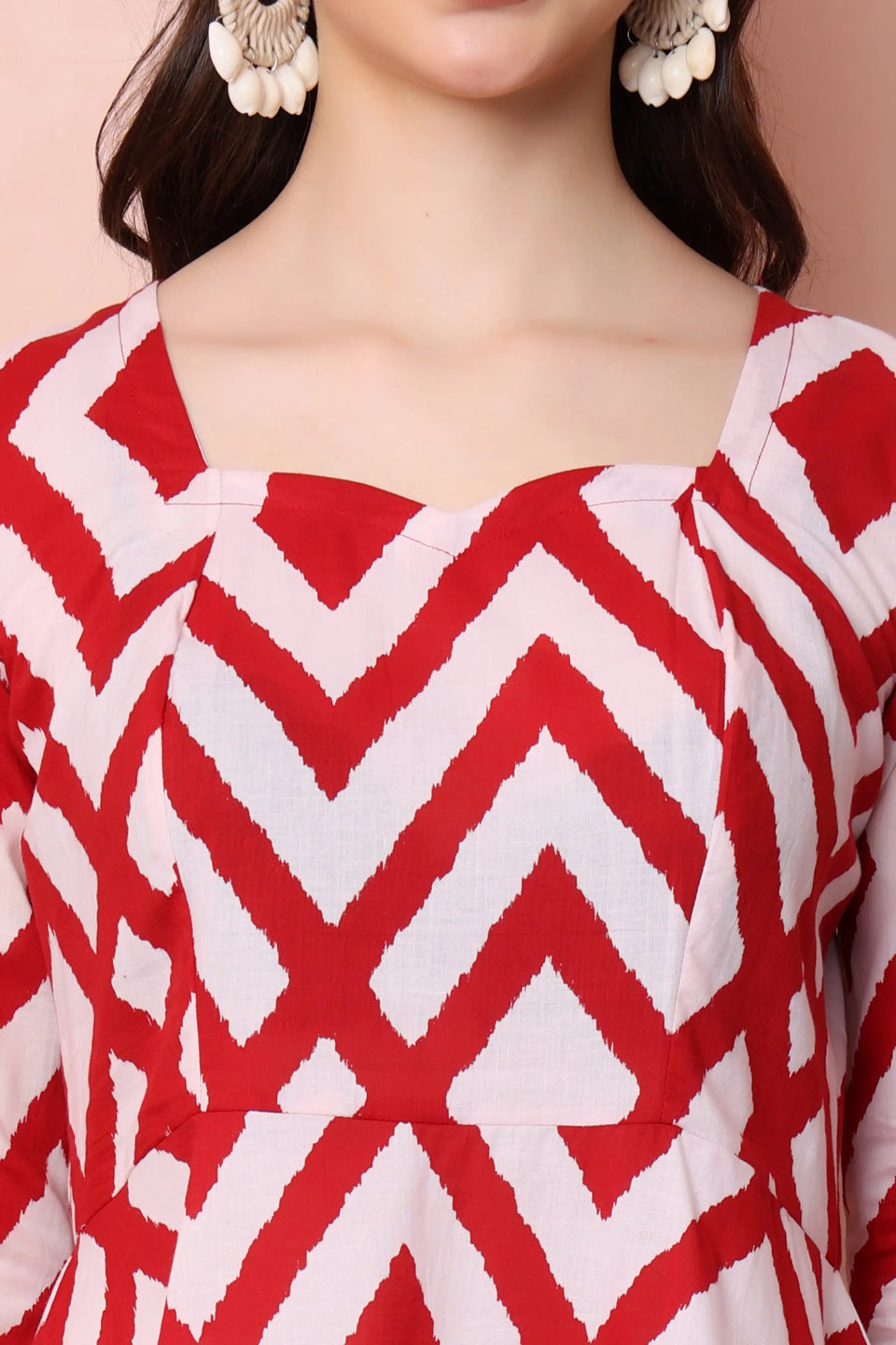 RABRIC red and white pure cotton short kurti square neck and geometric print close-up