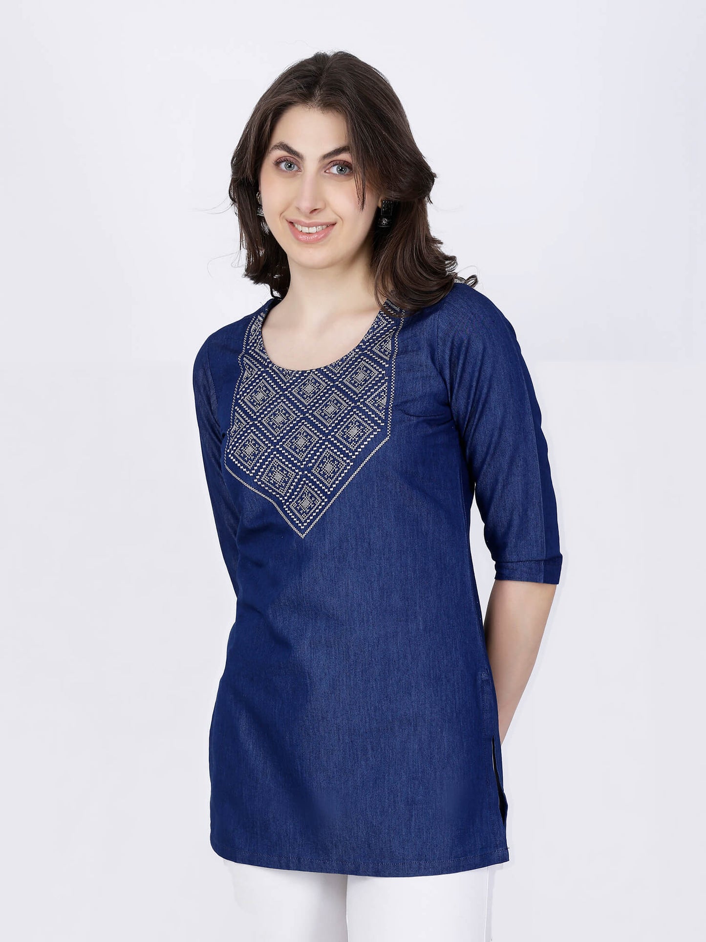 Blue Denim Round Neck Kurti Side Profile – Rabric