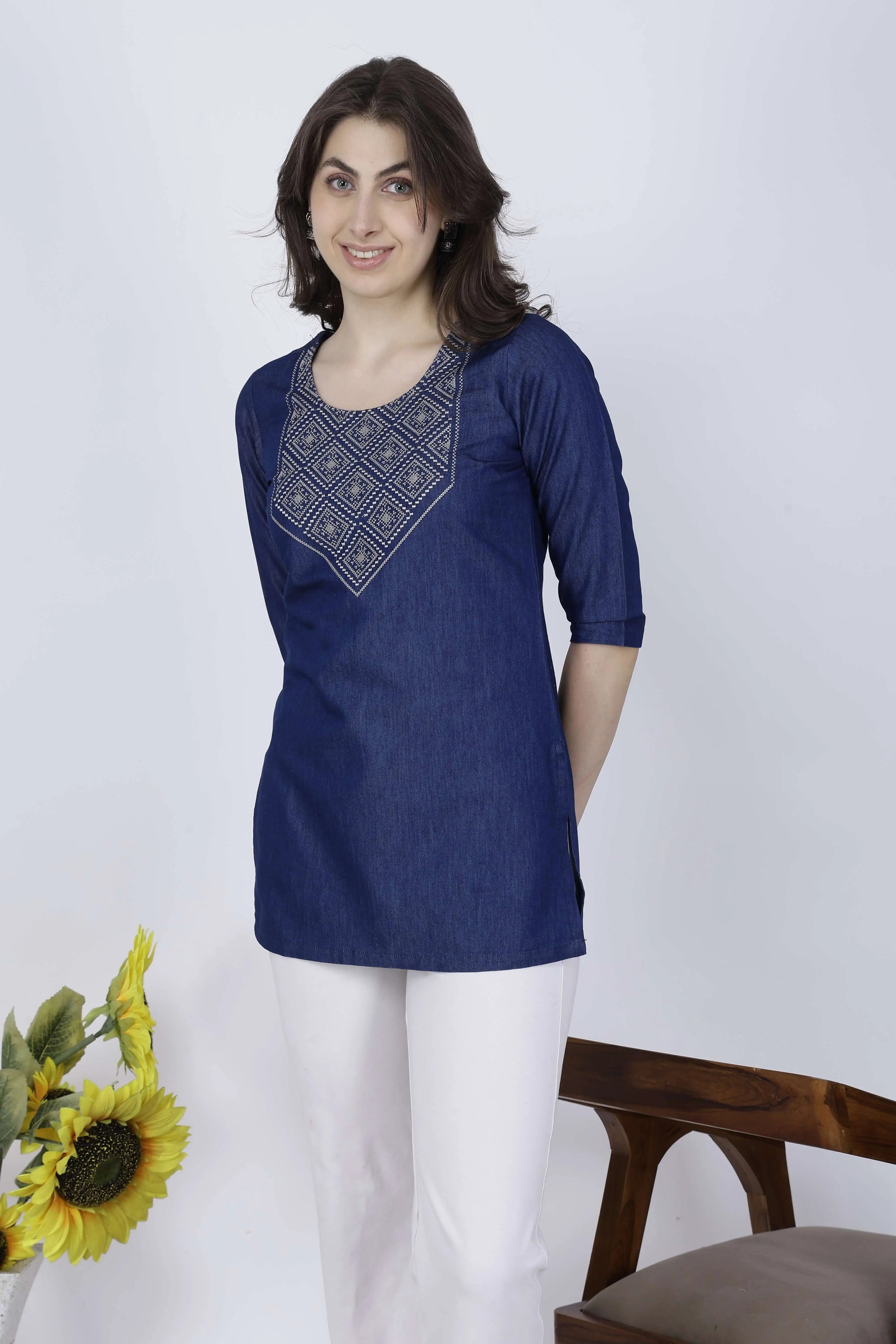 Rabric Embroidered Denim Top for Women