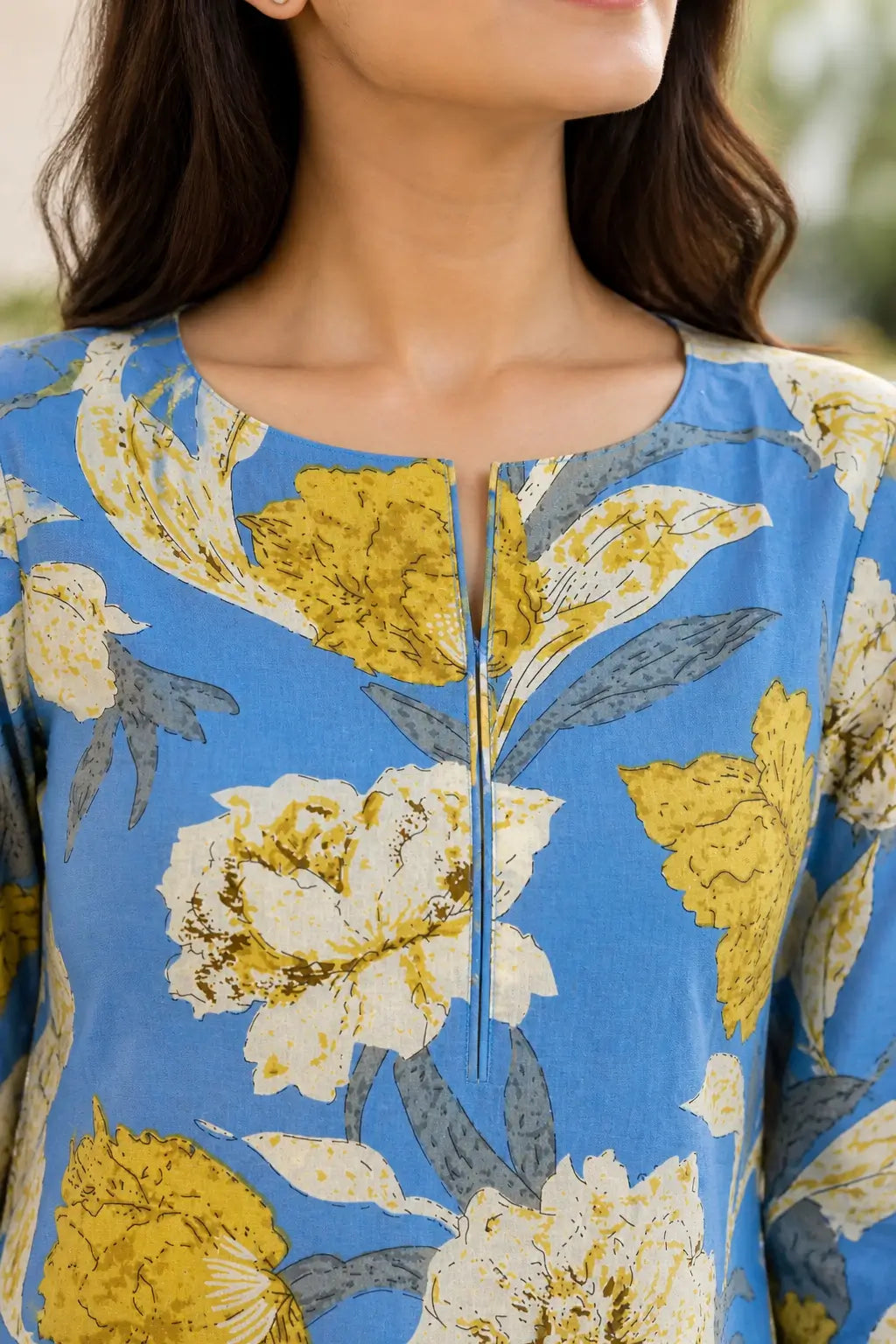 Round neck stylish design blue floral kurta close-up detail