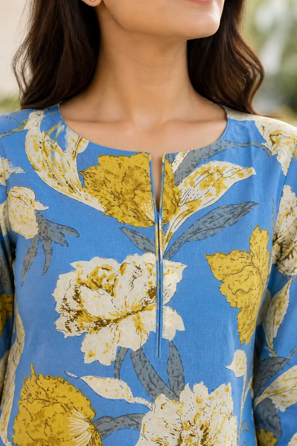 Round neck stylish design blue floral kurta close-up detail
