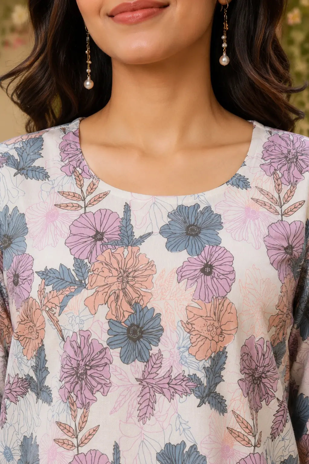 Close-up detail of RABRIC round neck floral printed women’s top fabric and design