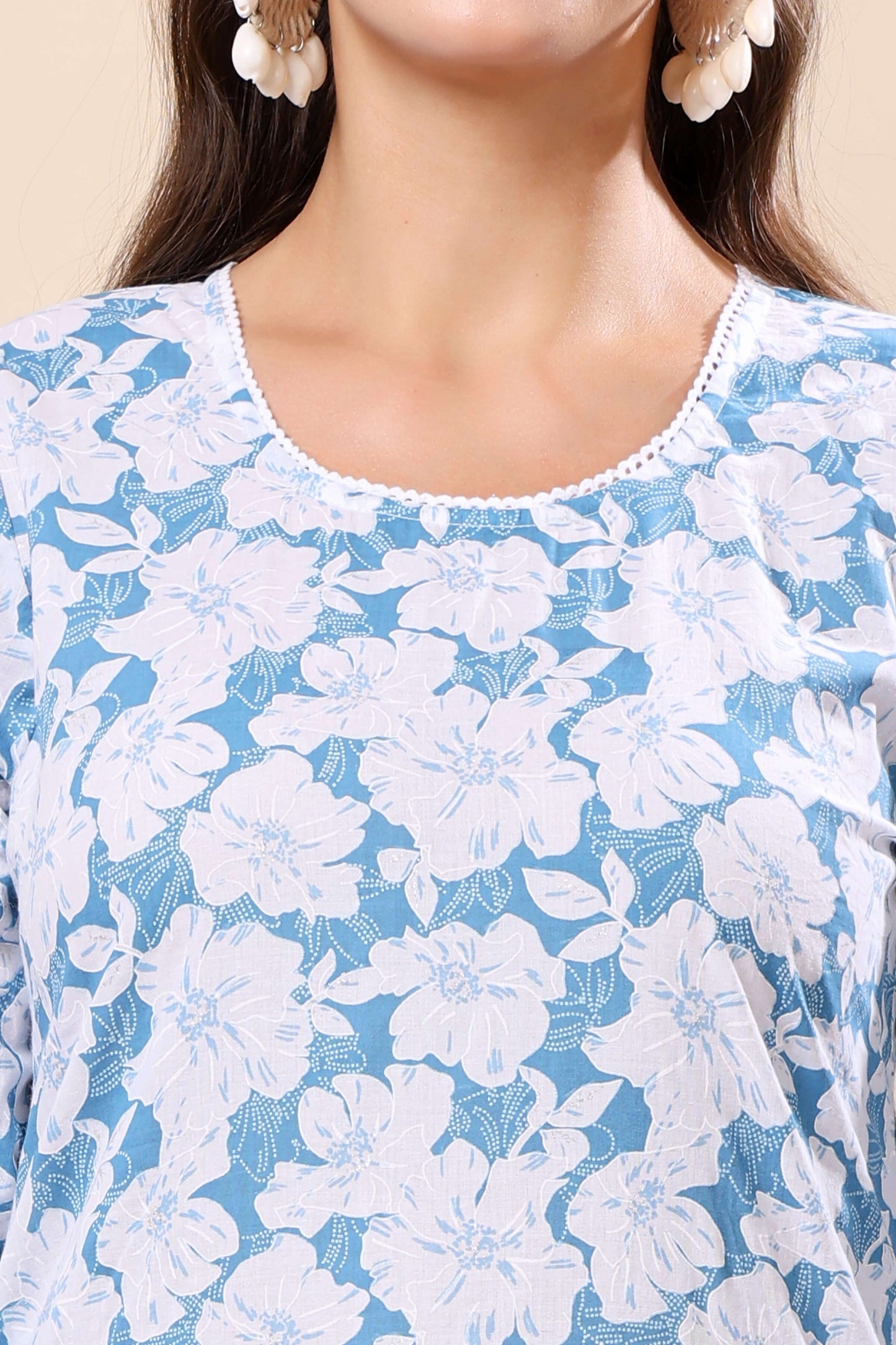 Close-up of Round Neck with Lace Detail on Blue Floral Kurti