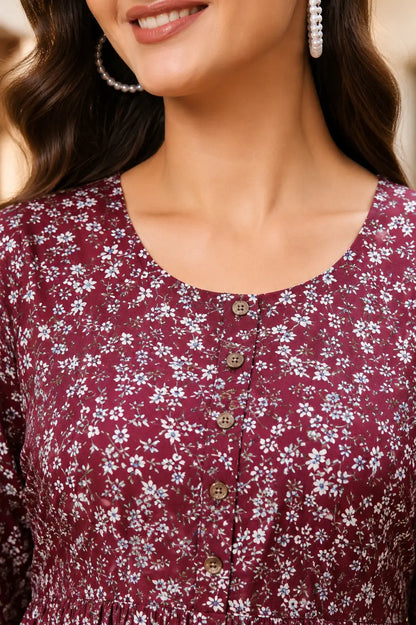 Close up neck design of Rabric maroon floral crepe kurti featuring round neck and button detailing