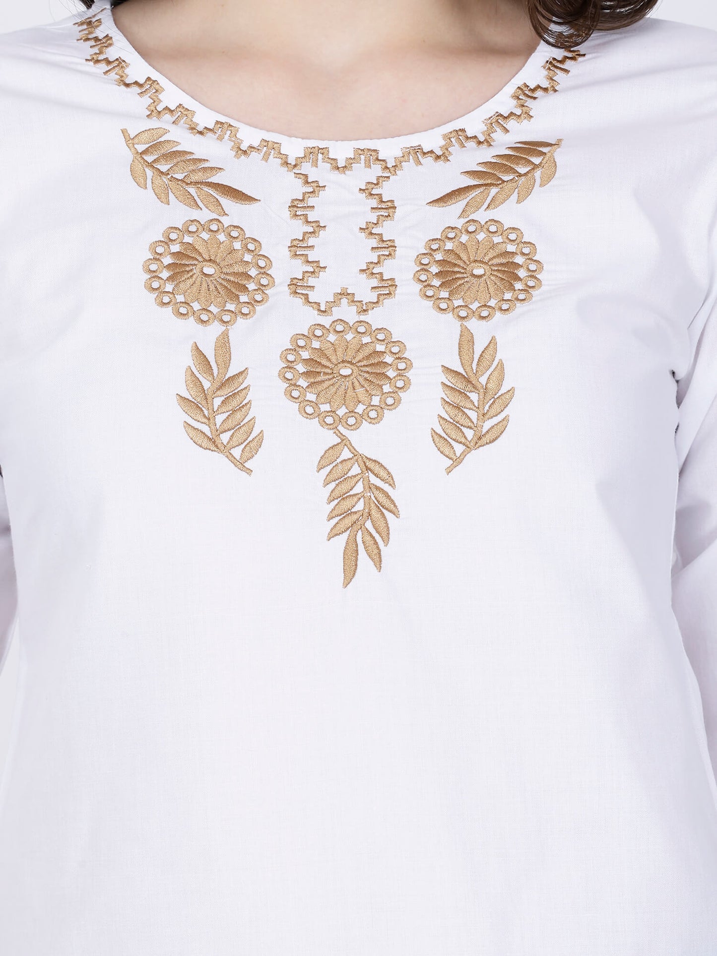 Close-up of Round Neck Embroidered Design on Rabric Short Kurti