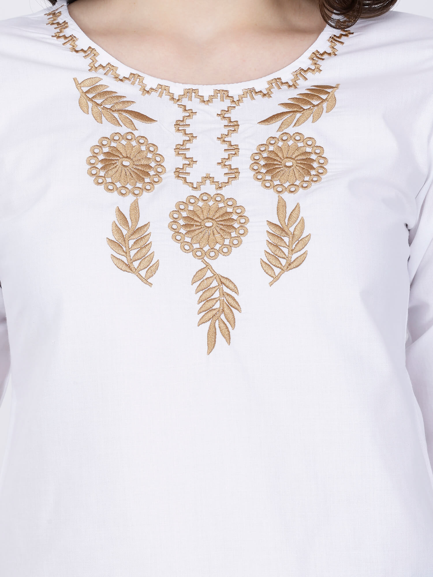 Close-up of Round Neck Embroidered Design on Rabric Short Kurti