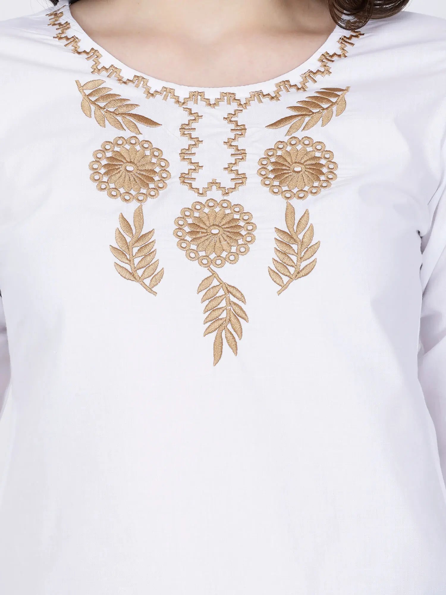 Close-up of Round Neck Embroidered Design on Rabric Short Kurti