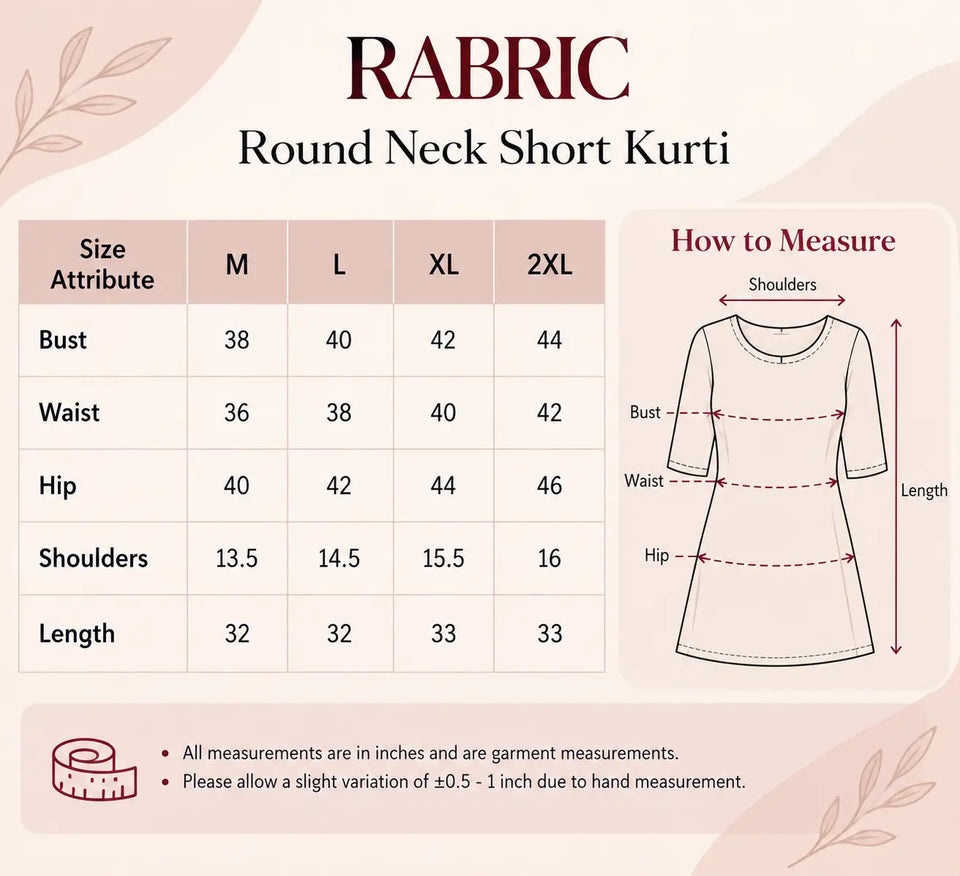 RABRIC round neck short kurti size chart for M to 2XL with bust, waist, hip, shoulder and length measurements
