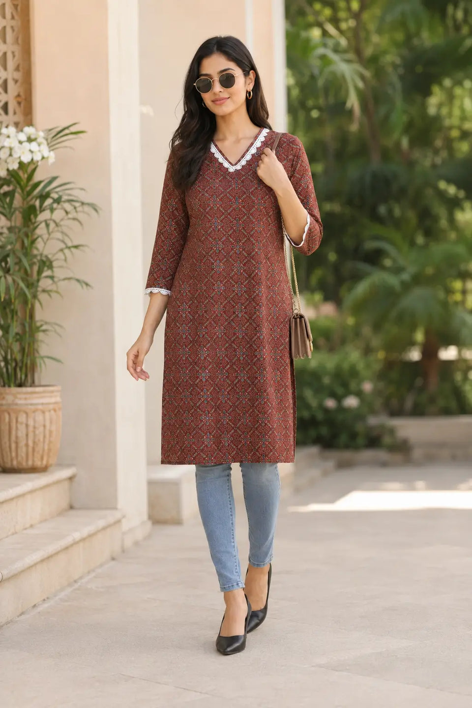 Rabric rust brown cotton printed V-neck kurti for women styled with jeans for casual wear, featuring ethnic geometric floral print and white embroidery