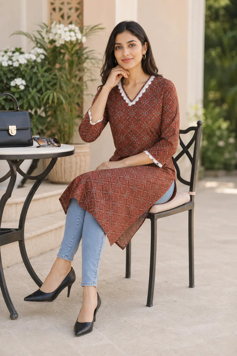 Rabric rust brown cotton printed long kurti for women in casual seated look with ethnic geometric floral print, V-neck and white embroidered lace detailing