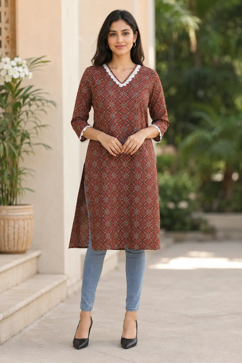 Rabric rust brown cotton V-neck straight kurti for women with ethnic geometric floral print and white embroidered lace neckline, front view