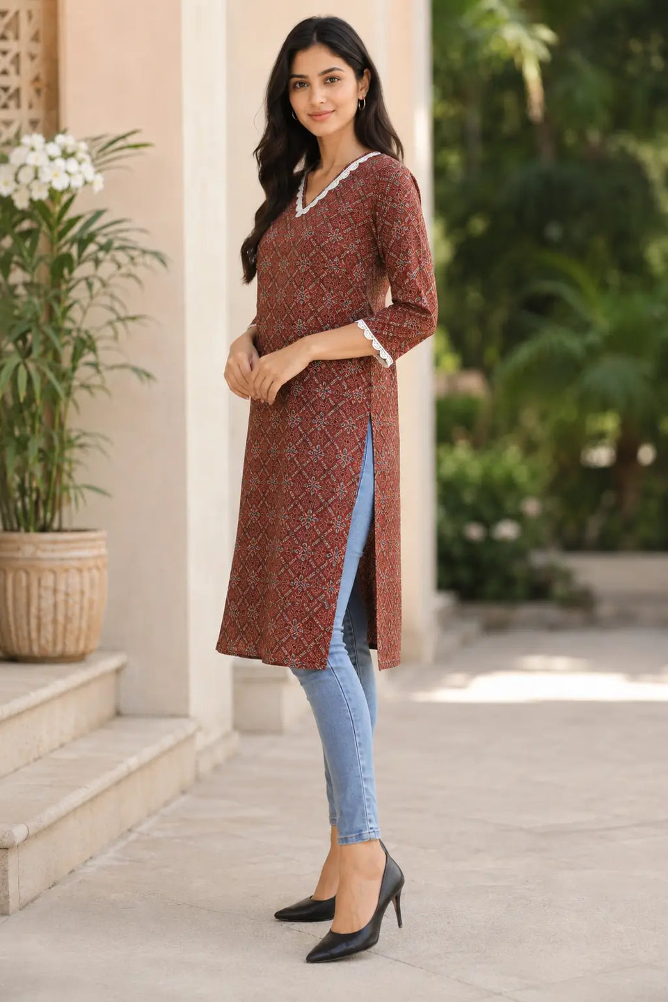 Side view of Rabric rust brown cotton straight kurti for women with ethnic geometric floral print, V-neck, side slit and white lace detailing