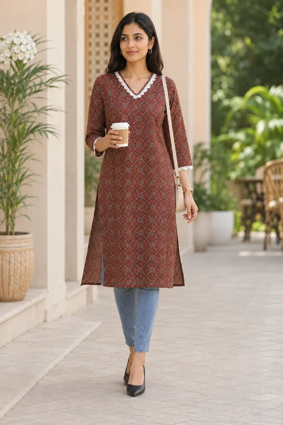 Outdoor lifestyle view of Rabric rust brown cotton V-neck kurti for women with ethnic geometric floral print, straight fit and embroidered white neck detail