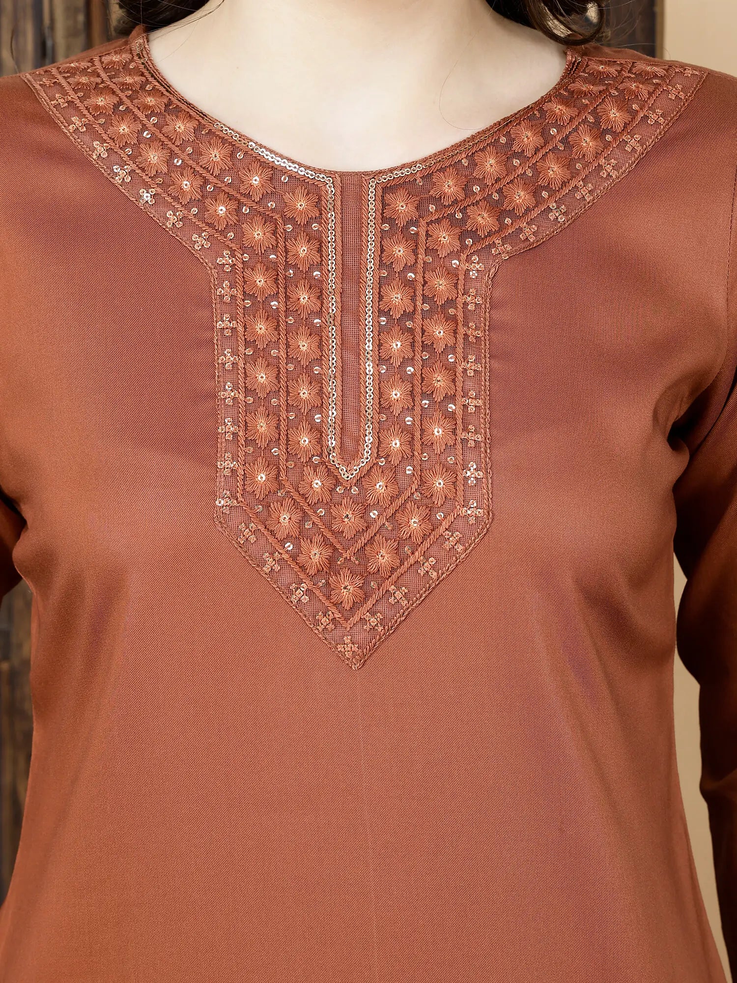 Close-up of Embroidered Neckline – Rust Brown Premium Kurti by Rabric