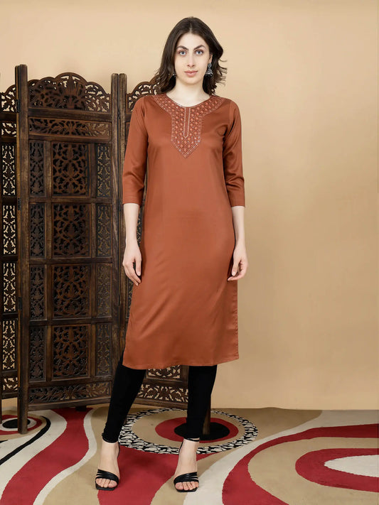 Rabric Rust Brown Premium Tencel Long Kurti for Women – Front View
