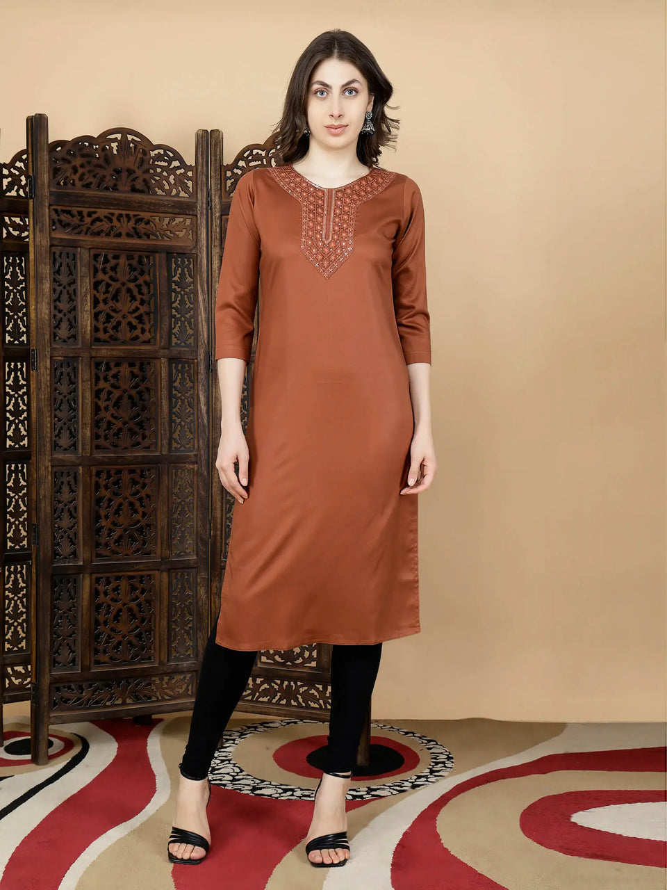 Rabric Rust Brown Premium Tencel Long Kurti for Women – Front View