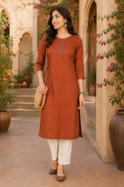 Rabric rust brown Tencel women kurti front view with embroidered stylish neck design and 3/4 sleeves ethnic casual wear