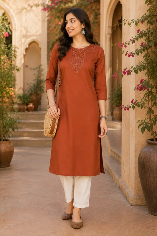 Rabric rust brown Tencel women kurti front view with embroidered stylish neck design and 3/4 sleeves ethnic casual wear