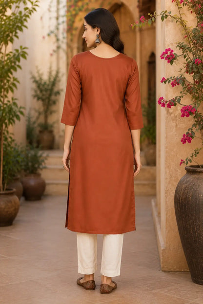 Back view of Rabric rust brown Tencel straight fit women kurti with 3/4 sleeves and elegant ethnic silhouette