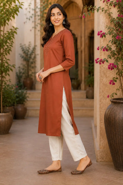 Side angle view of Rabric rust brown Tencel women kurti with side slit and modern ethnic styling