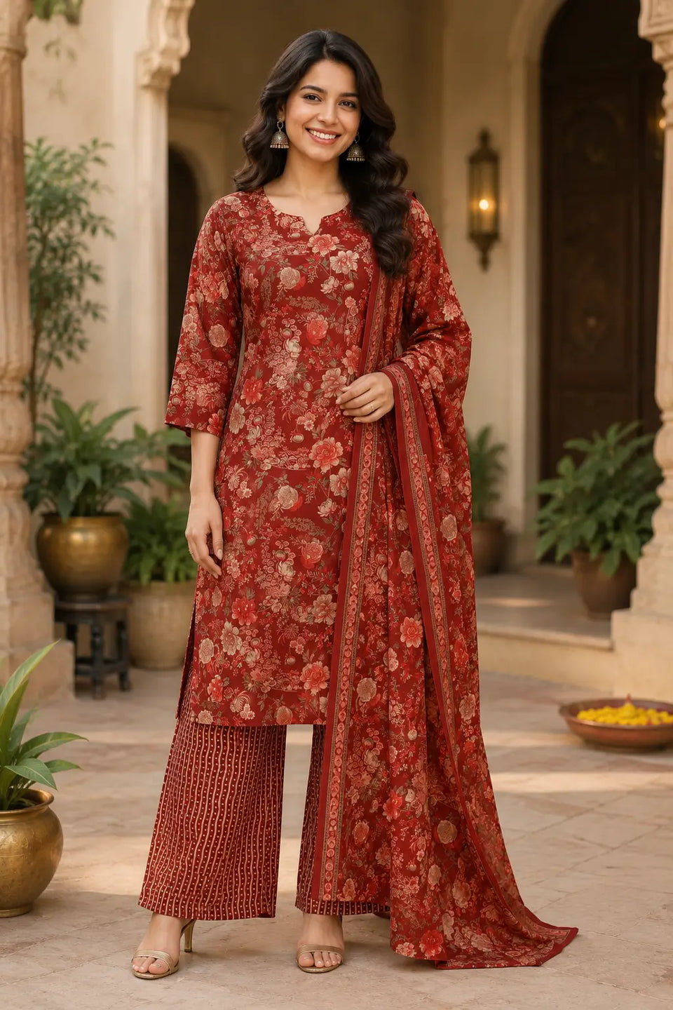 Rabric rust red cambric cotton floral kurta pant set with dupatta front view for women ethnic wear