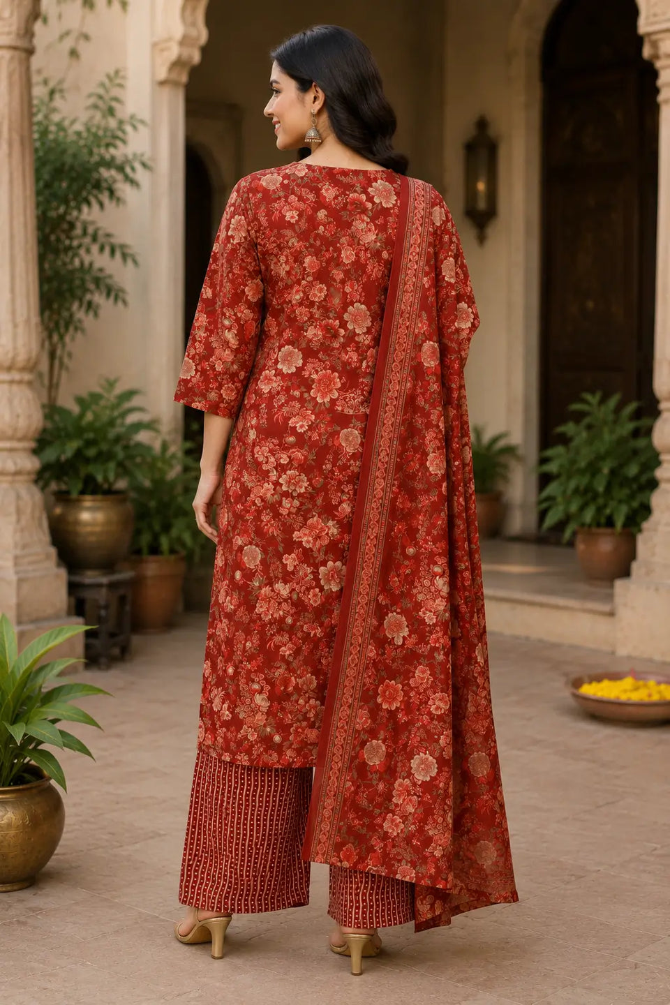 Back side view of Rabric rust red cambric cotton floral kurta pant set with matching dupatta
