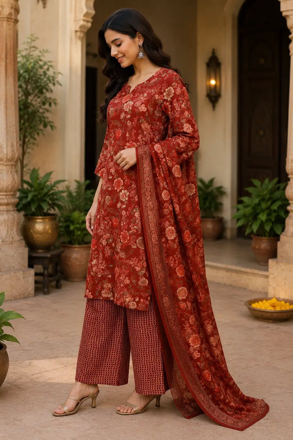 Side angle view of Rabric rust red cambric cotton floral kurta pant set with dupatta