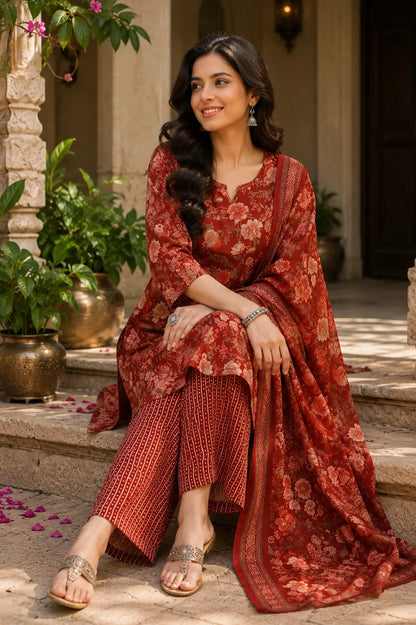 Elegant sitting pose of model wearing Rabric rust red cambric cotton floral kurta pant set with dupatta