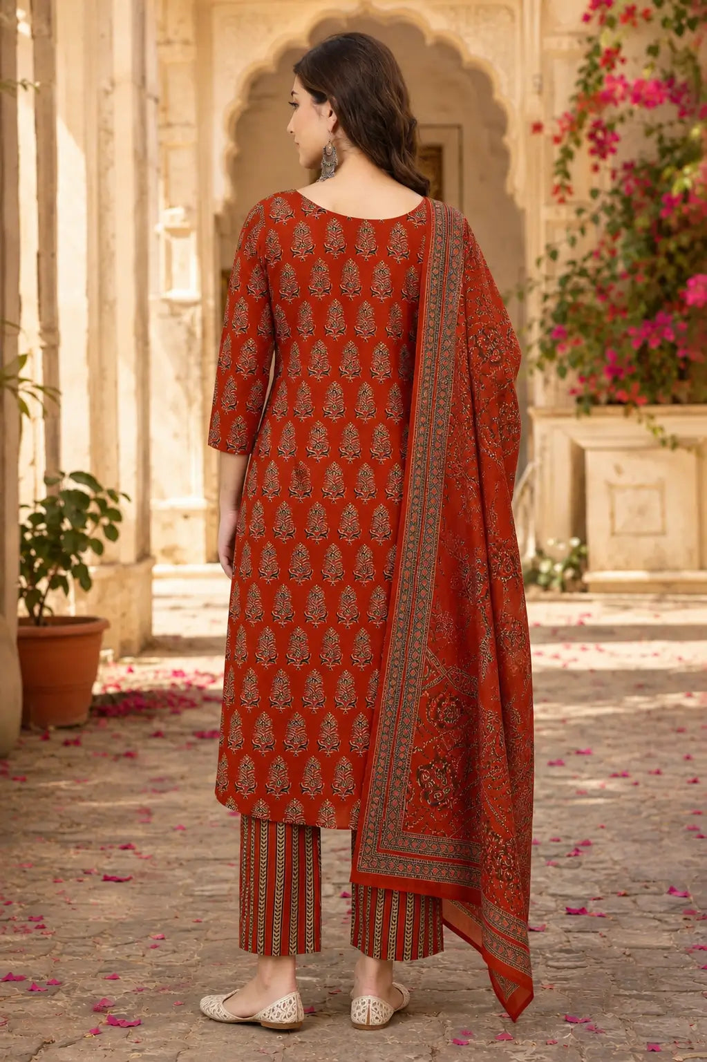 Back view of Rabric rust red cotton ethnic kurta pant set with dupatta for women featuring long straight kurta and printed pants