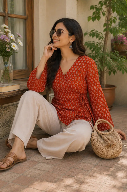 Rabric rust red cotton floral print cotton short top lifestyle image in casual sitting pose