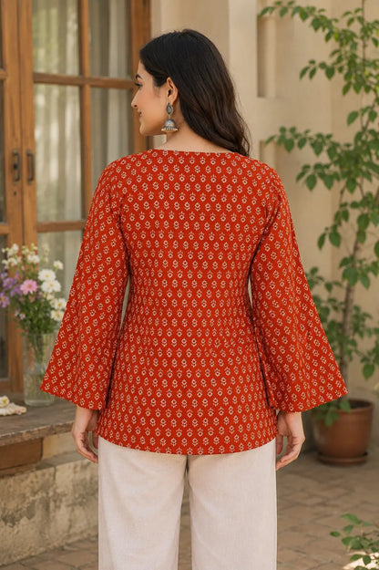 Rabric rust red cotton floral print short top for women back view with full belly sleeves and hip length fit