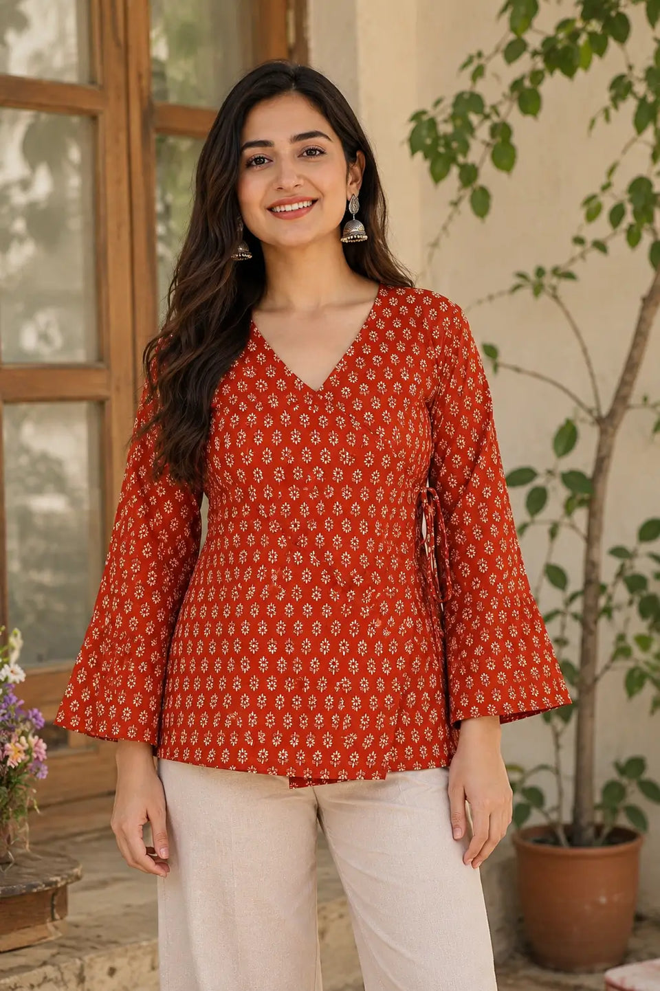 Rabric rust red cotton floral print short top styled with cream palazzo pants and casual accessories