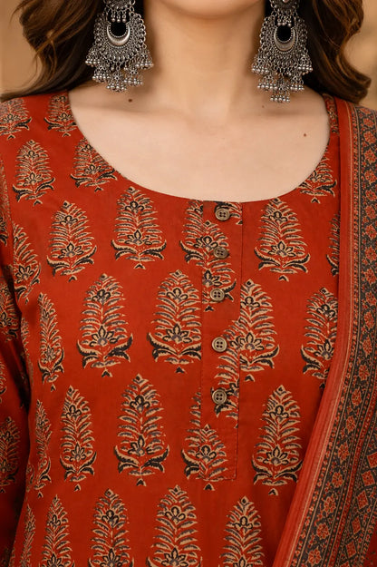Close up neck design of Rabric rust red cotton printed kurta for women with round neckline and button detailing